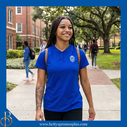 Zeta Phi Beta ΖΦΒ Two-Button Baseball Henley Shirt with Embroidered Shield-Zeta Phi Beta Paraphernalia-Zeta Phi Beta Button-Up Shirts-Betty's Promos Plus