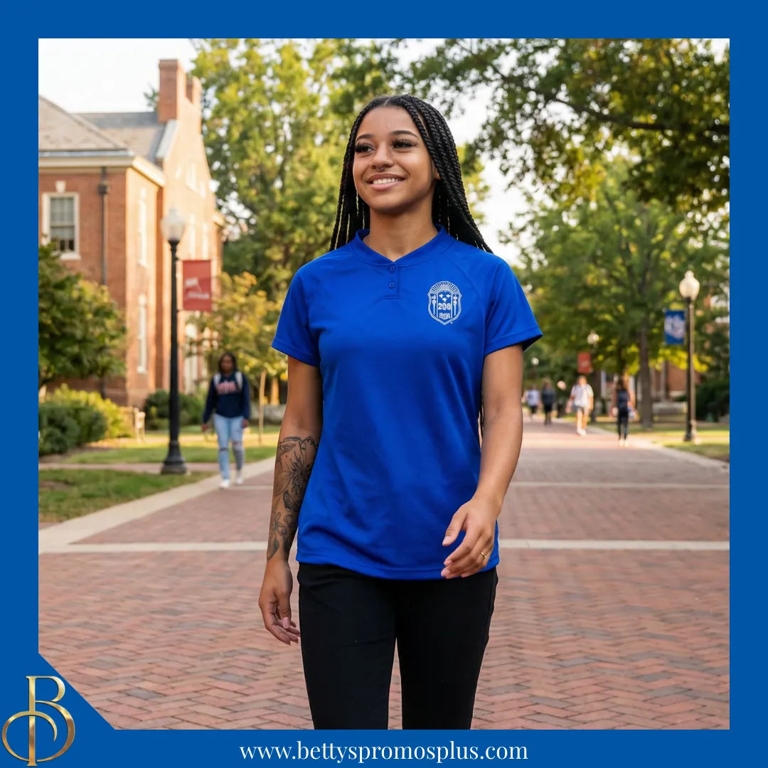 Zeta Phi Beta ΖΦΒ Two-Button Baseball Henley Shirt with Embroidered Shield-Zeta Phi Beta Paraphernalia-Zeta Phi Beta Button-Up Shirts-Betty's Promos Plus