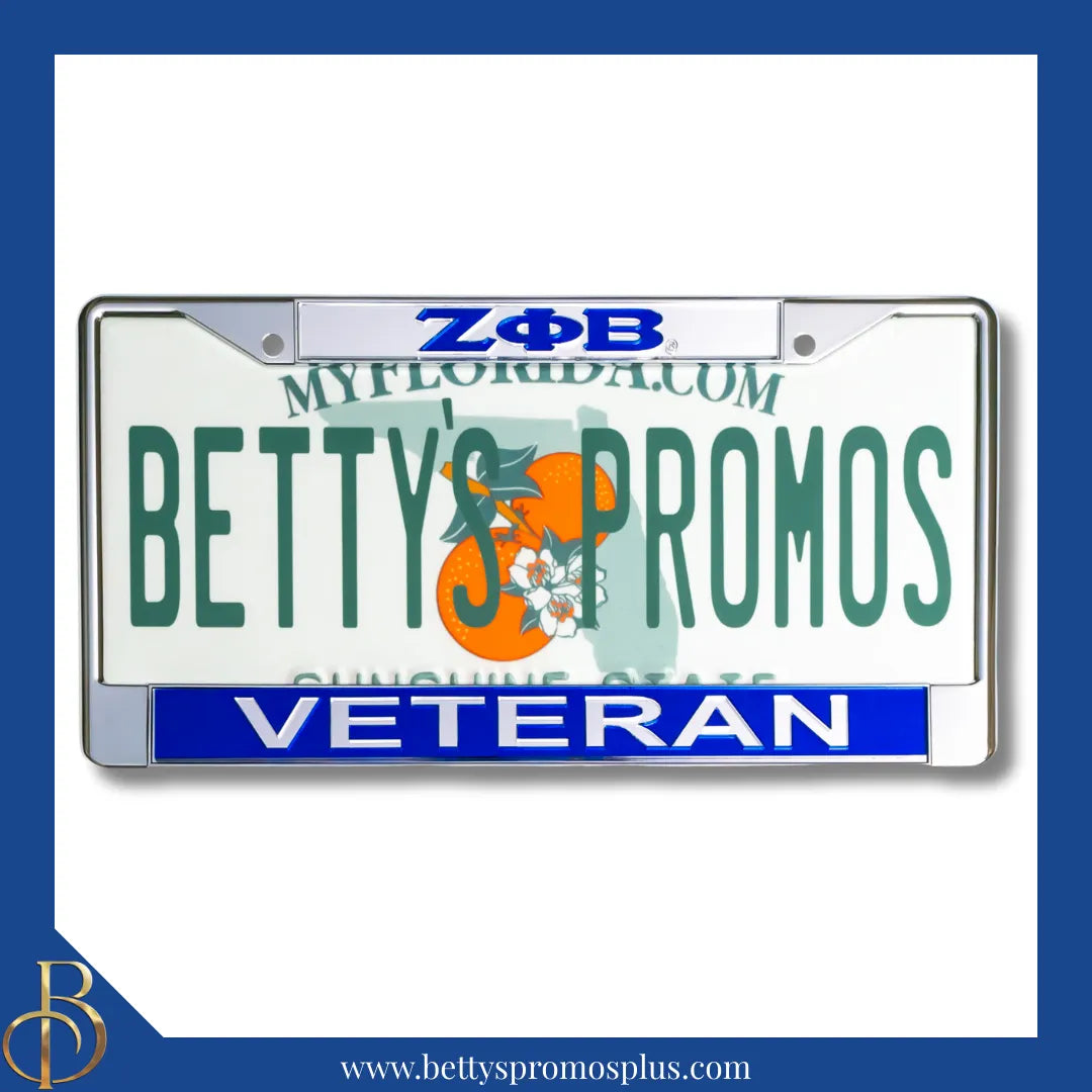 Zeta Phi Beta ΖΦΒ Veteran Chrome Laser Engraved Mirrored Acrylic Auto Tag License Plate Frame-Silver Top-Blue Bottom-Zeta Phi Beta Paraphernalia-Zeta Phi Beta Auto Tag Frame-Betty's Promos Plus