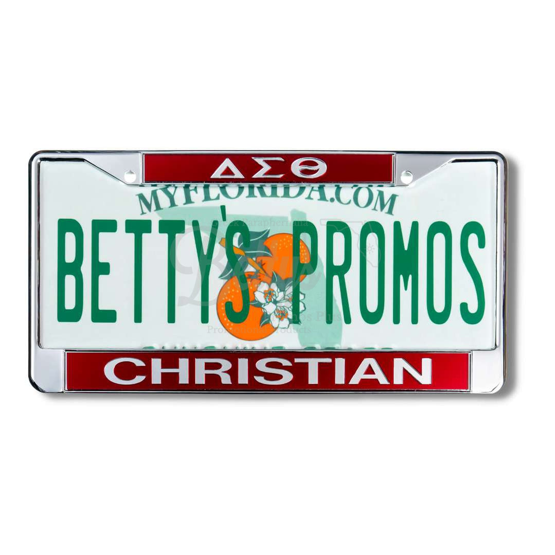 zzARCHIVED Delta Sigma Theta ΔΣΘ Christian Chrome Laser Engraved Mirrored Acrylic Auto Tag License Plate Frame-Red Top-Red Bottom-Delta Sigma Theta Paraphernalia-Delta Sigma Theta Auto Tag Frame-Betty's Promos Plus