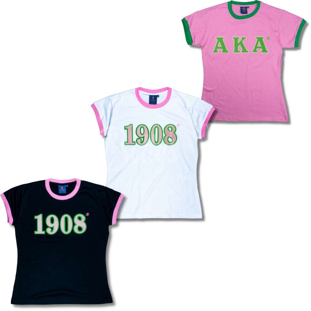 Alpha Kappa Alpha 1908 Embroidered Ringer T-Shirt-Betty's Promos Plus Greek Paraphernalia