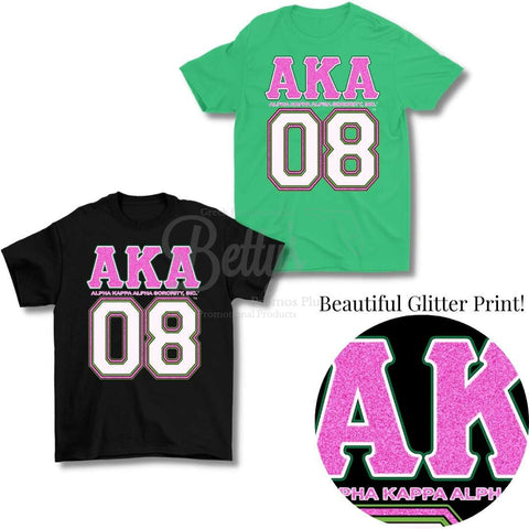 Alpha Kappa Alpha AKA 08 GLITTER Screen Printed T-Shirt-Betty's Promos Plus Greek Paraphernalia
