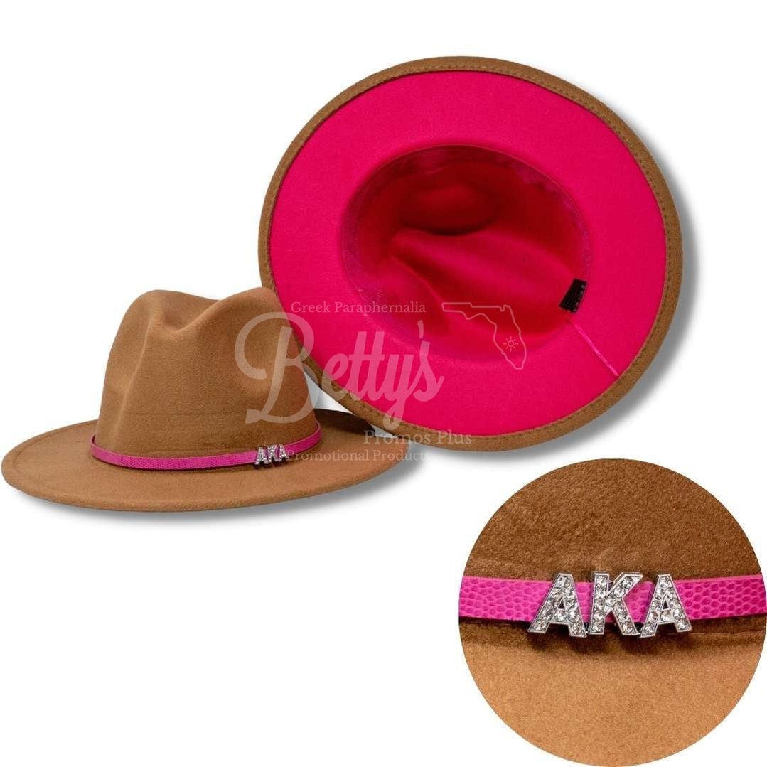 Alpha Kappa Alpha AKA 2-Tone Fedora Hat AKA Fedora with BandKhaki Hat-Hot Pink Underbrim-Betty's Promos Plus Greek Paraphernalia