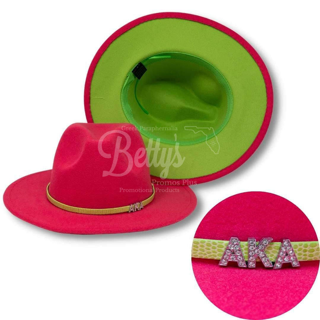 Alpha Kappa Alpha AKA 2-Tone Fedora Hat AKA Fedora with BandHot Pink Hat-Green Underbrim-Betty's Promos Plus Greek Paraphernalia