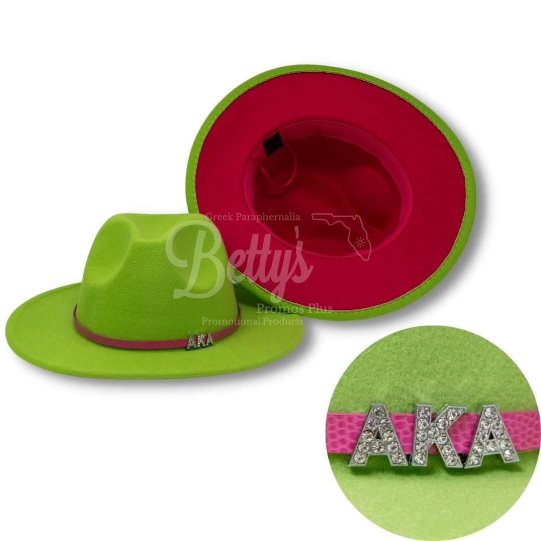Alpha Kappa Alpha AKA 2-Tone Fedora Hat AKA Fedora with BandGreen Hat-Hot Pink Underbrim-Betty's Promos Plus Greek Paraphernalia