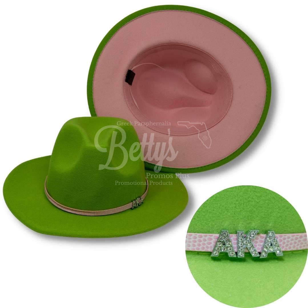 Alpha Kappa Alpha AKA 2-Tone Fedora Hat AKA Fedora with BandGreen Hat-Light Pink Underbrim-Betty's Promos Plus Greek Paraphernalia