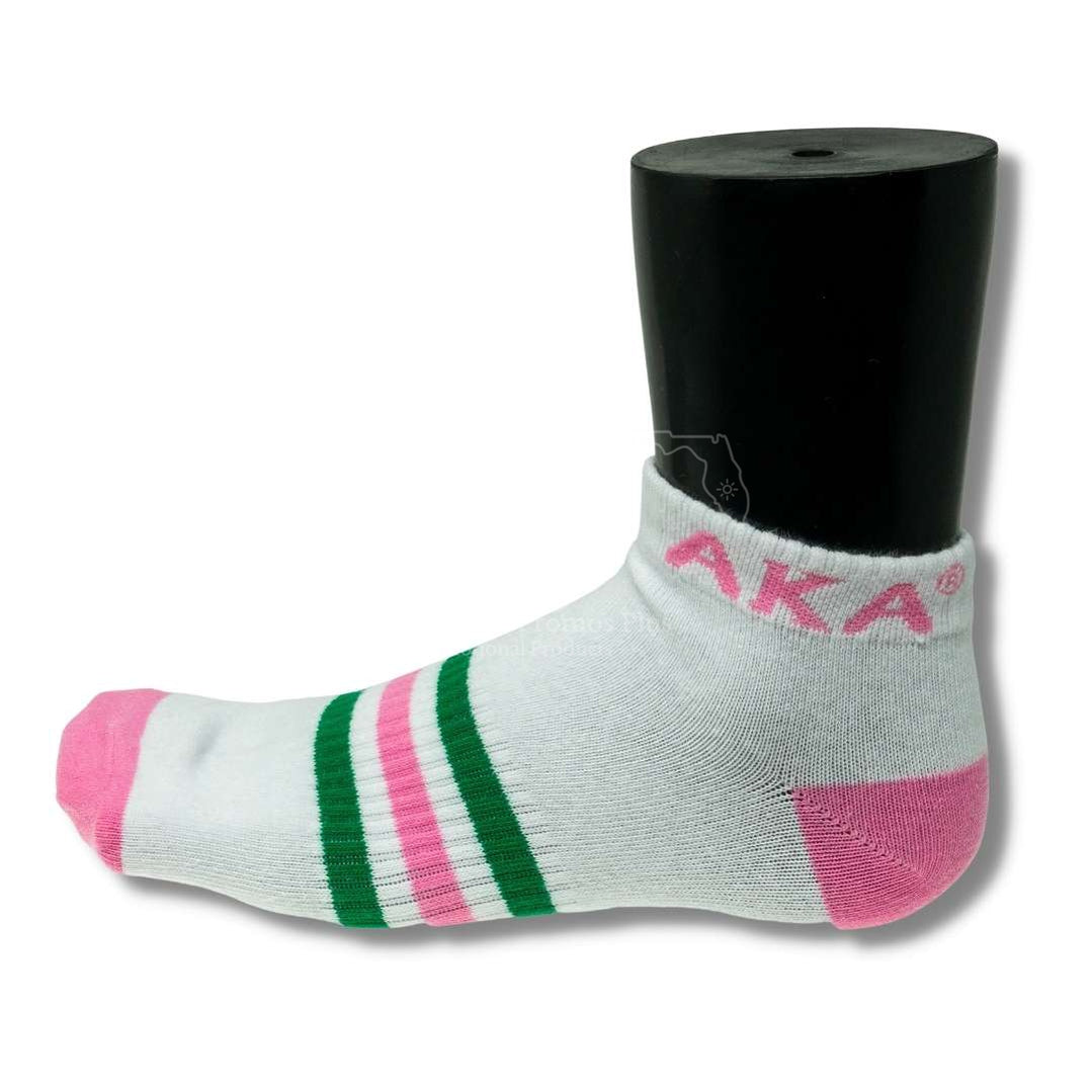Alpha Kappa Alpha AKA 3 Stripe Ankle Socks with Arch SupportWhite-Betty's Promos Plus Greek Paraphernalia