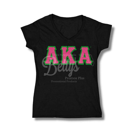 Alpha Kappa Alpha AKA Glitter Screen Printed Short Sleeve T-ShirtBlack-V-Neck-Small-Betty's Promos Plus Greek Paraphernalia