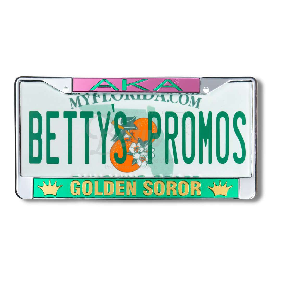 Alpha Kappa Alpha AKA Golden Soror with Crowns Metal Acrylic Mirror Laser Engraved Auto Tag FrameGreen Bottom-Green Top Letters-Betty's Promos Plus Greek Paraphernalia