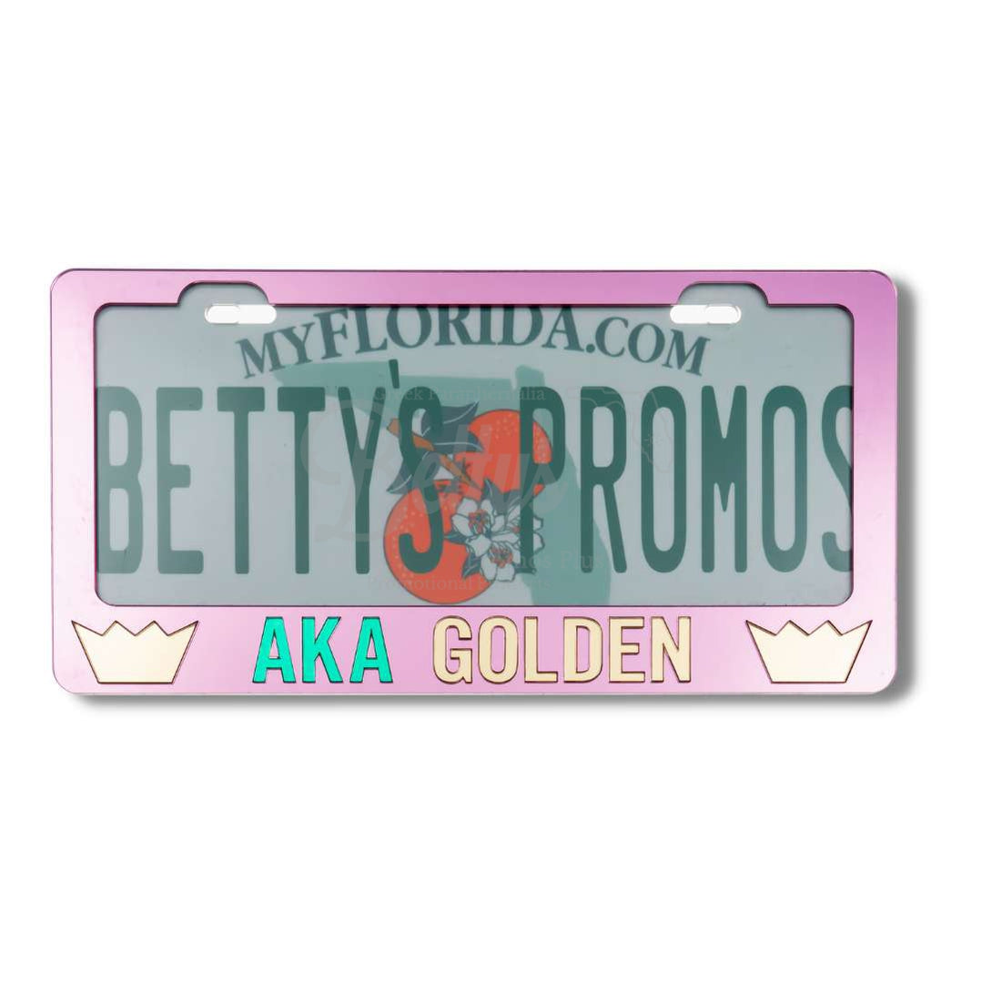 Alpha Kappa Alpha AKA Golden with Crowns Acrylic Mirror Laser Engraved Auto Tag FramePink-Gold Letters-Betty's Promos Plus Greek Paraphernalia