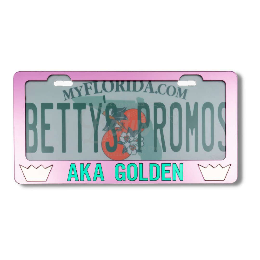 Alpha Kappa Alpha AKA Golden with Crowns Acrylic Mirror Laser Engraved Auto Tag FramePink-Green Letters-Betty's Promos Plus Greek Paraphernalia