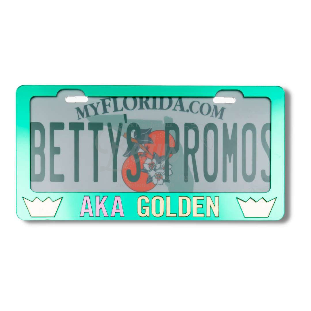 Alpha Kappa Alpha AKA Golden with Crowns Acrylic Mirror Laser Engraved Auto Tag FrameGreen-Gold Letters-Betty's Promos Plus Greek Paraphernalia