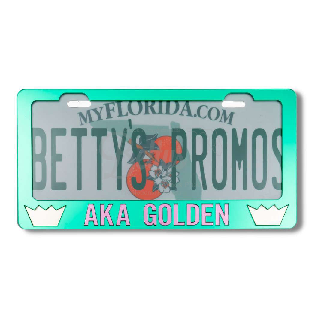 Alpha Kappa Alpha AKA Golden with Crowns Acrylic Mirror Laser Engraved Auto Tag FrameGreen-Pink Letters-Betty's Promos Plus Greek Paraphernalia