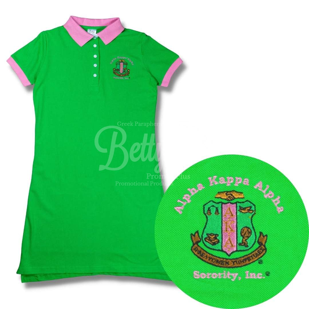Alpha Kappa Alpha AKA Ivy Embroidered Polo Dress with Contrast Collar and SleevesGreen-X-Small-Betty's Promos Plus Greek Paraphernalia