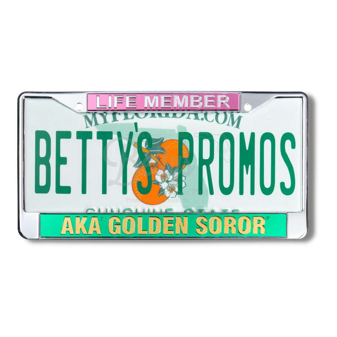 Alpha Kappa Alpha AKA Life Member Golden Soror Metal Acrylic Mirror Laser Engraved Auto Tag FrameGreen Bottom-Silver Top Letters-Betty's Promos Plus Greek Paraphernalia