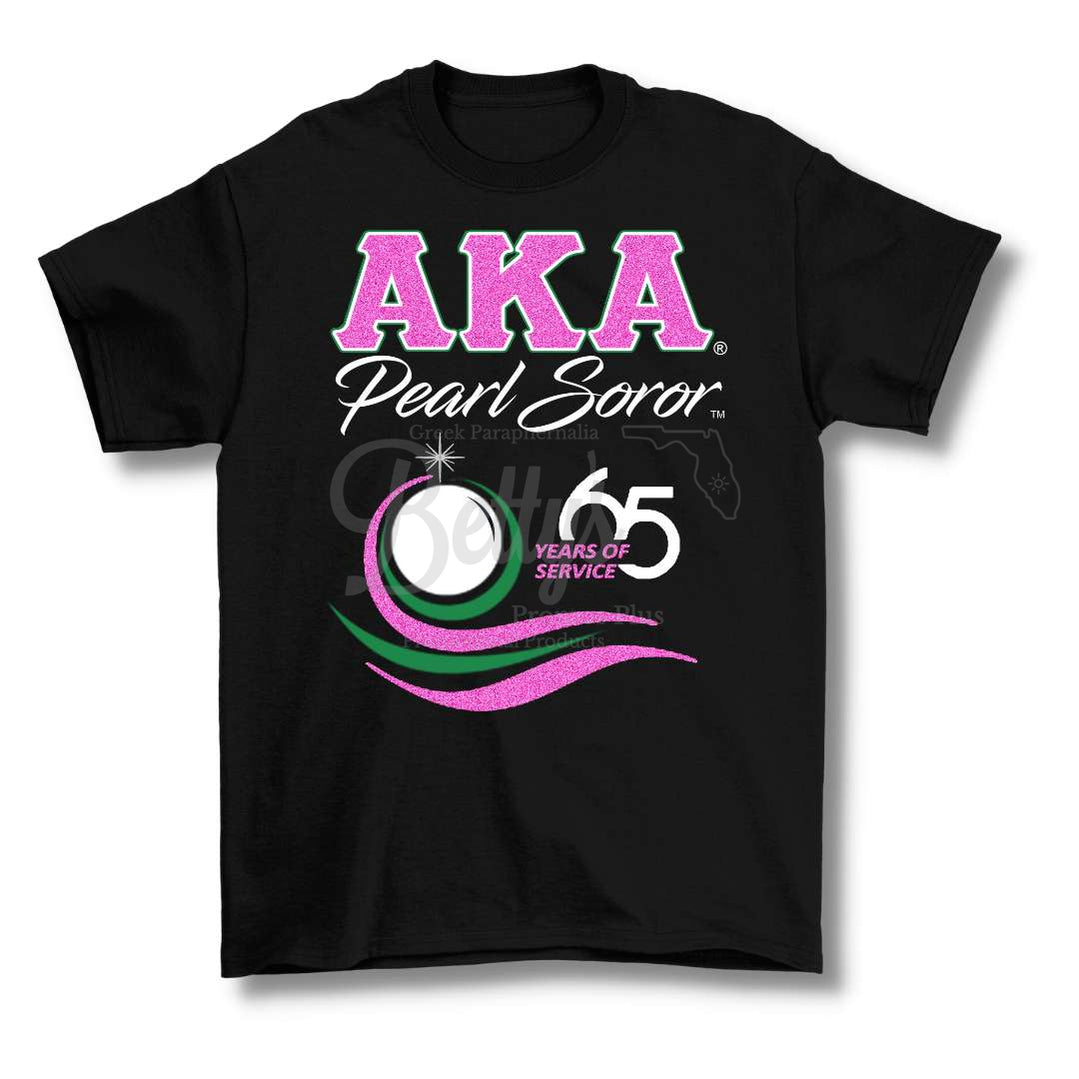Alpha Kappa Alpha AKA Pearl Soror 65 Years of Service T-ShirtBlack-Short Sleeve-Small-Betty's Promos Plus Greek Paraphernalia