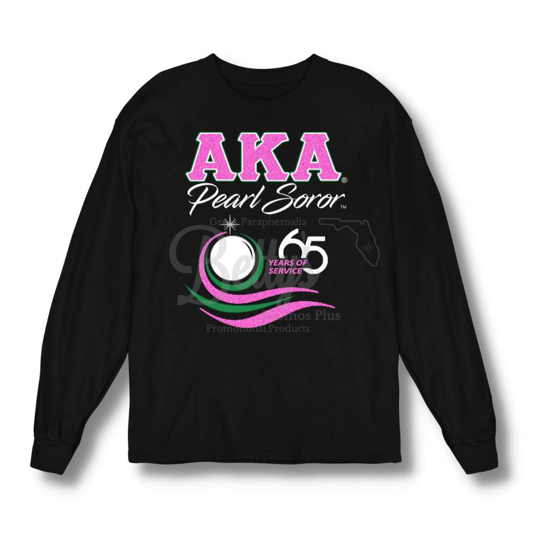 Alpha Kappa Alpha AKA Pearl Soror 65 Years of Service T-ShirtBlack-Long Sleeve-Small-Betty's Promos Plus Greek Paraphernalia