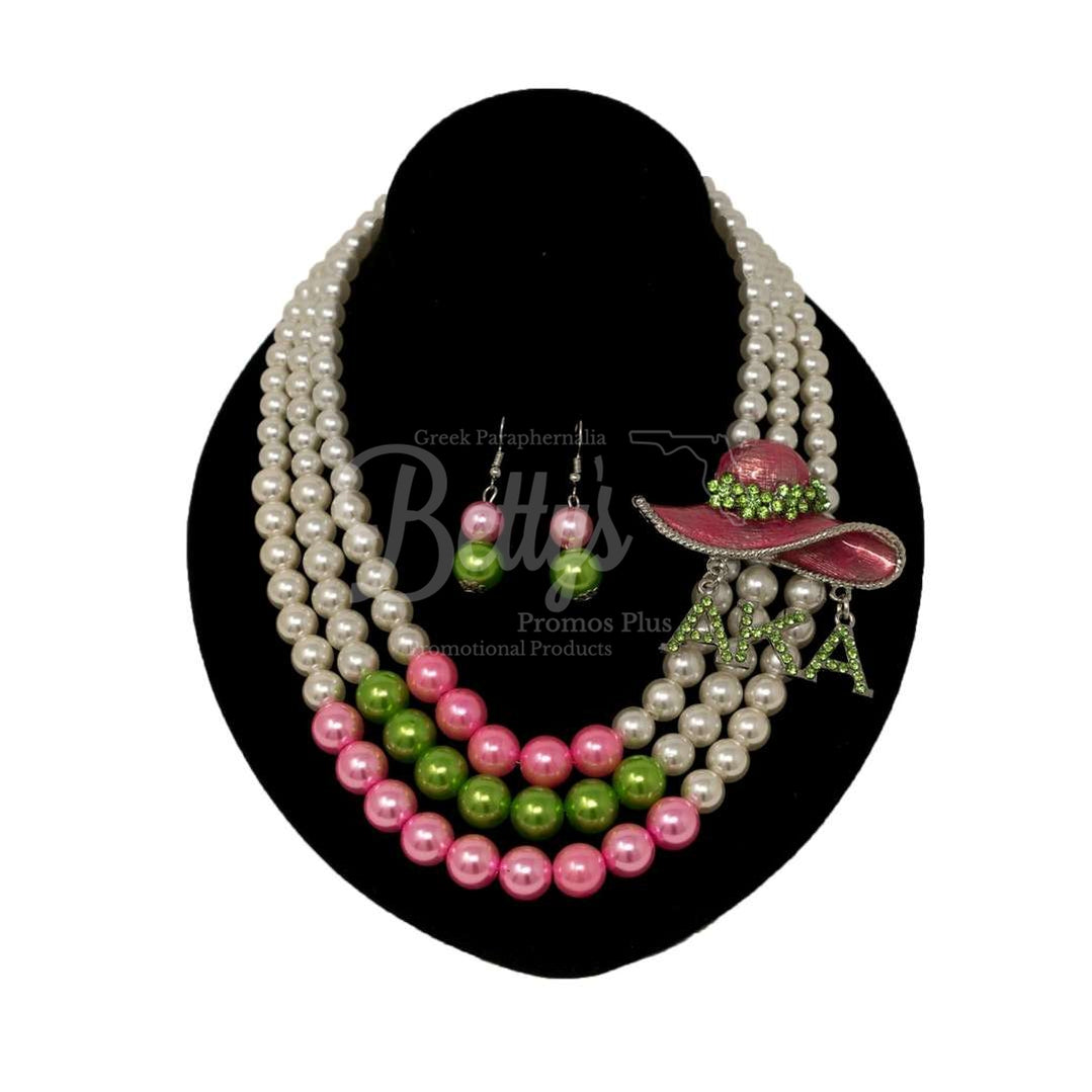 Alpha Kappa Alpha AKA Pink Hat with White, Pink, and Green Multi String Pearl Necklace and Matching Earrings Set, AKA NecklaceWhite-Betty's Promos Plus Greek Paraphernalia