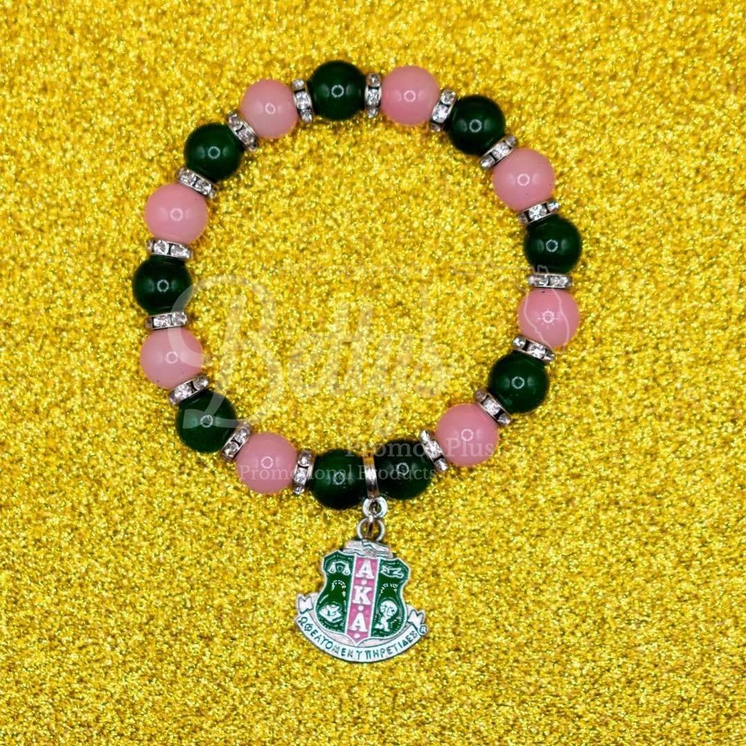 Alpha Kappa Alpha AKA Pink and Green Beaded Bracelet with AKA Shield Charm, AKA BraceletPink-Betty's Promos Plus Greek Paraphernalia