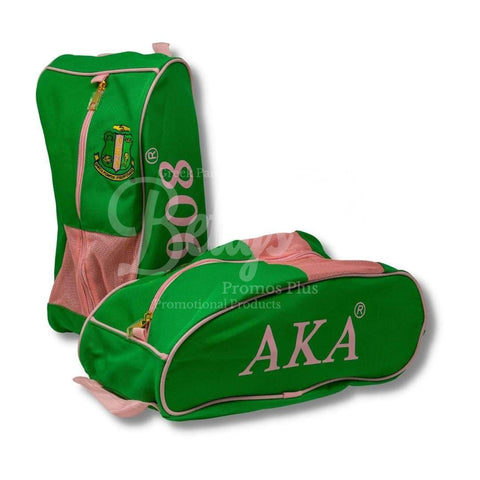 Alpha Kappa Alpha AKA Shield Pink and Green Canvas Shoe Bag with Zippered MeshGreen-Betty's Promos Plus Greek Paraphernalia