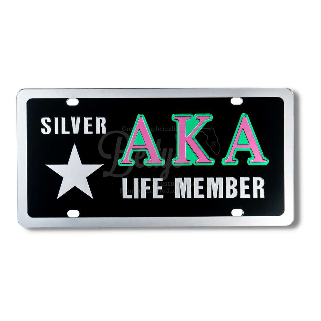 Alpha Kappa Alpha AKA Silver Star Life Member Acrylic Mirrored Laser Engraved Auto TagBlack Background-Silver Trim-Betty's Promos Plus Greek Paraphernalia