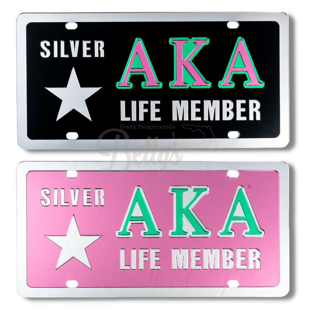 Alpha Kappa Alpha AKA Silver Star Life Member Acrylic Mirrored Laser Engraved Auto Tag-Betty's Promos Plus Greek Paraphernalia
