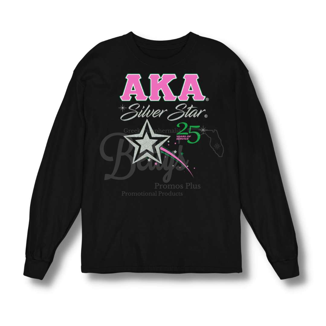 Alpha Kappa Alpha AKA Silver Star Long Sleeve T-ShirtLong Sleeve-Black-Small-Betty's Promos Plus Greek Paraphernalia