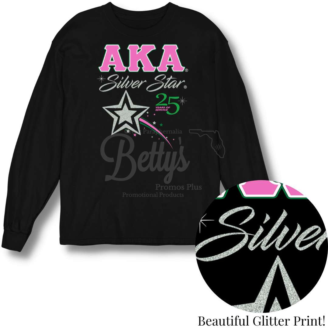 Alpha Kappa Alpha AKA Silver Star Long Sleeve T-Shirt-Betty's Promos Plus Greek Paraphernalia