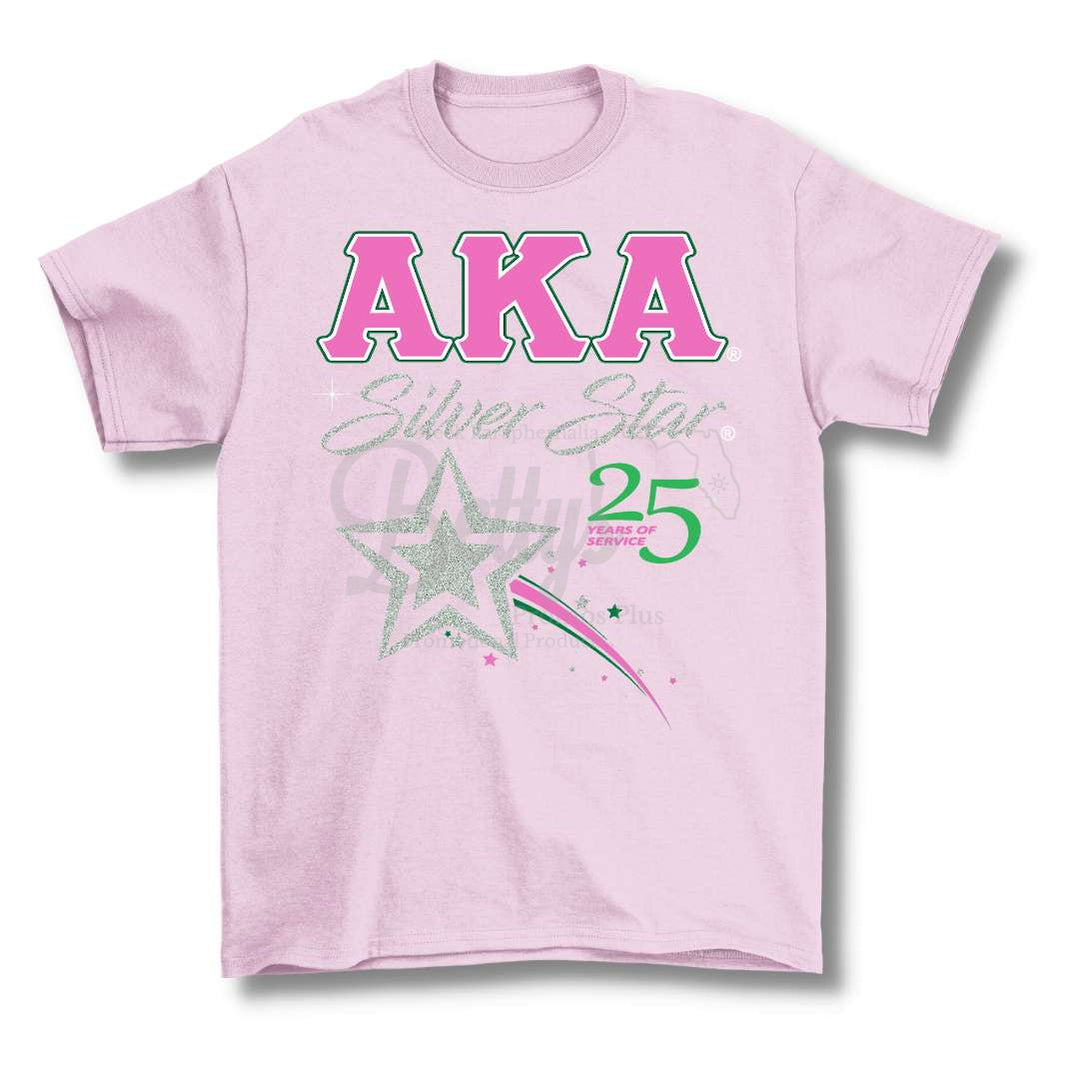 Alpha Kappa Alpha AKA Silver Star T-ShirtShort Sleeve-Pink-Small-Betty's Promos Plus Greek Paraphernalia