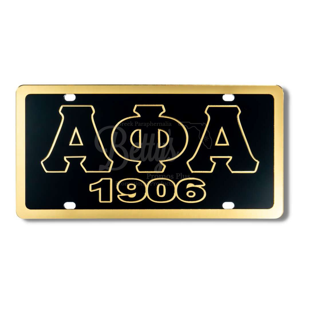Alpha Phi Alpha ΑΦΑ 1906 Acrylic Laser Engraved Auto Tag Car License PlateBlack Background-Gold Trim-Betty's Promos Plus Greek Paraphernalia