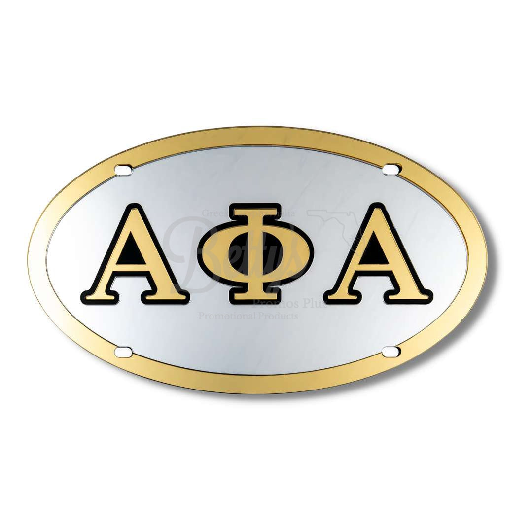 Alpha Phi Alpha ΑΦΑ Acrylic Laser Engraved Oval Auto Tag Car License PlateSilver Background-Gold Trim-Betty's Promos Plus Greek Paraphernalia
