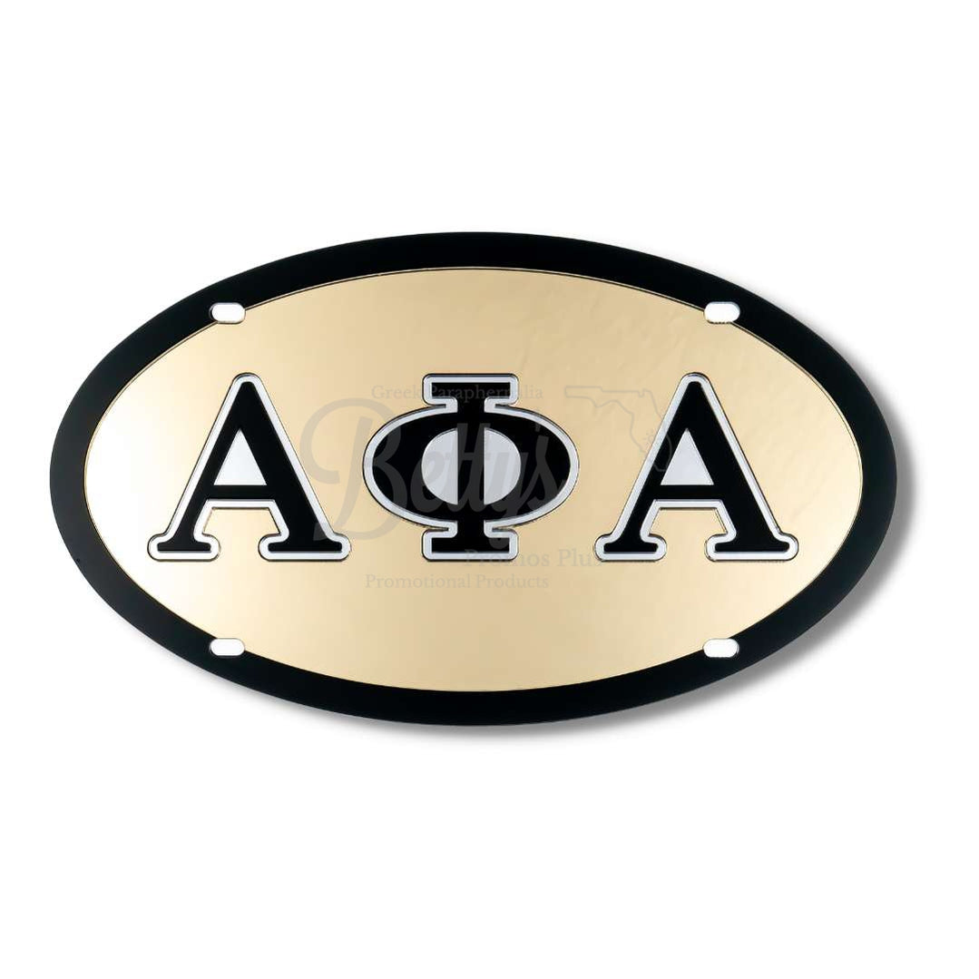 Alpha Phi Alpha ΑΦΑ Acrylic Laser Engraved Oval Auto Tag Car License PlateGold Background-Black Trim-Betty's Promos Plus Greek Paraphernalia