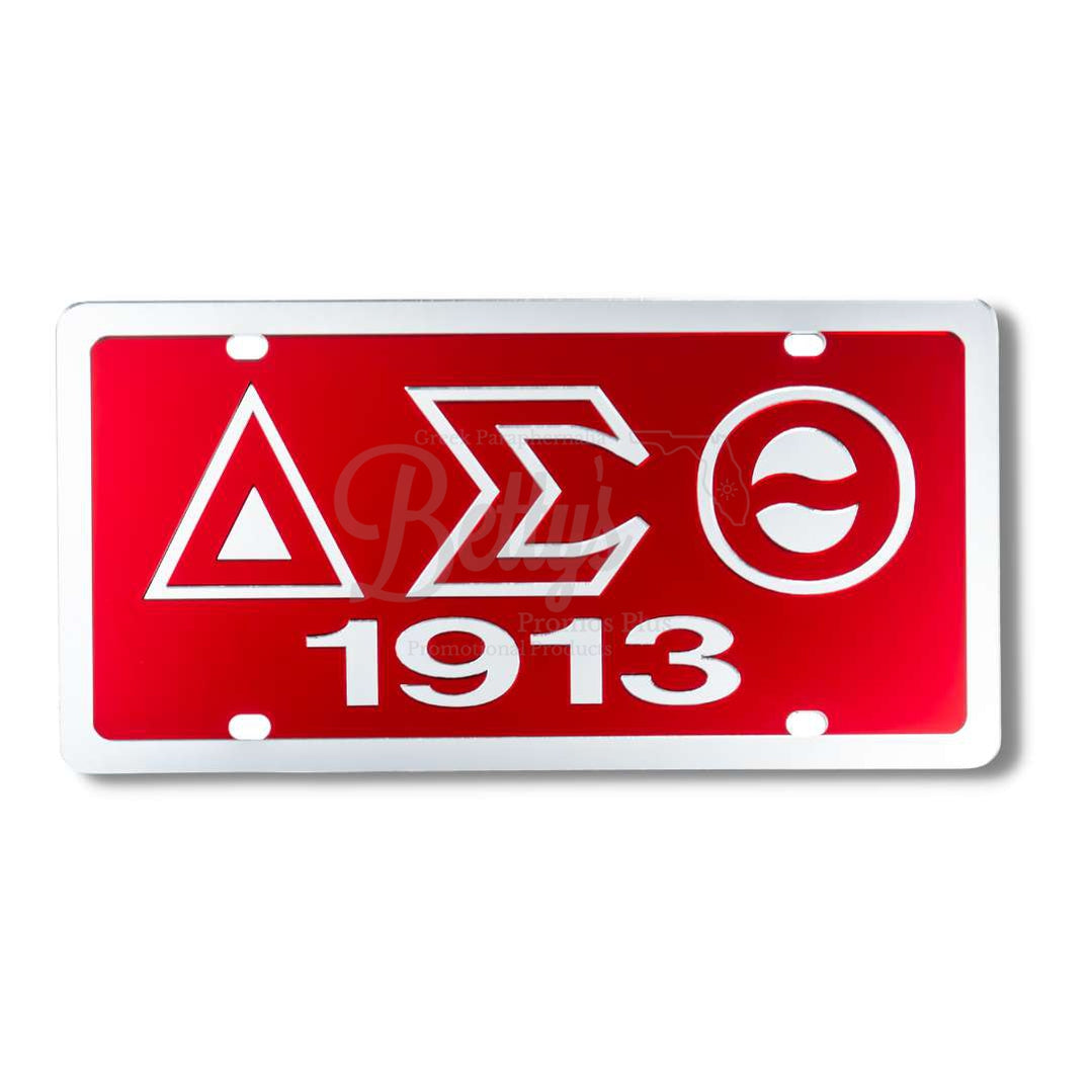 Delta Sigma Theta ΔΣΘ 1913 Acrylic Mirror Laser Engraved Auto Tag License PlateRed Background-Silver Letter Trim-Silver Trim-Betty's Promos Plus Greek Paraphernalia