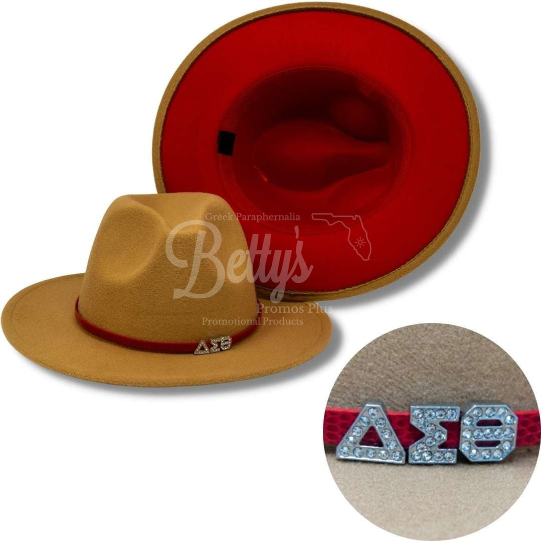 Delta Sigma Theta ΔΣΘ 2-Tone Fedora Hat with BandKhaki Hat-Red Underbrim-Betty's Promos Plus Greek Paraphernalia
