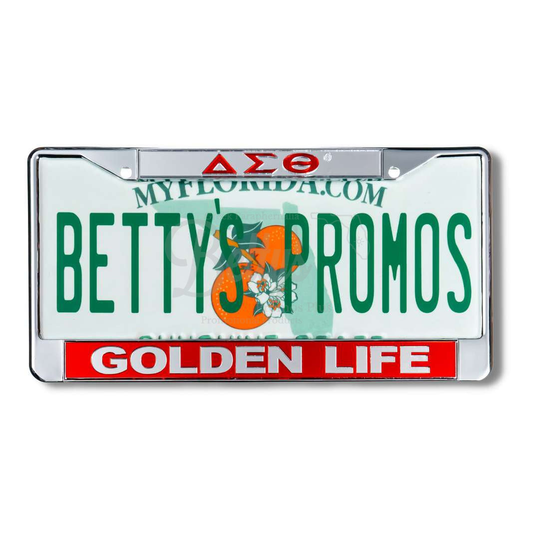 Delta Sigma Theta ΔΣΘ Golden Life Metal Acrylic Mirror Laser Engraved Auto Tag License Plate FrameSilver Top-Red Bottom-Betty's Promos Plus Greek Paraphernalia