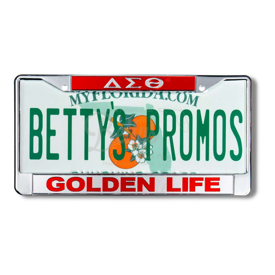 Delta Sigma Theta ΔΣΘ Golden Life Metal Acrylic Mirror Laser Engraved Auto Tag License Plate FrameRed Top-Silver Bottom-Betty's Promos Plus Greek Paraphernalia