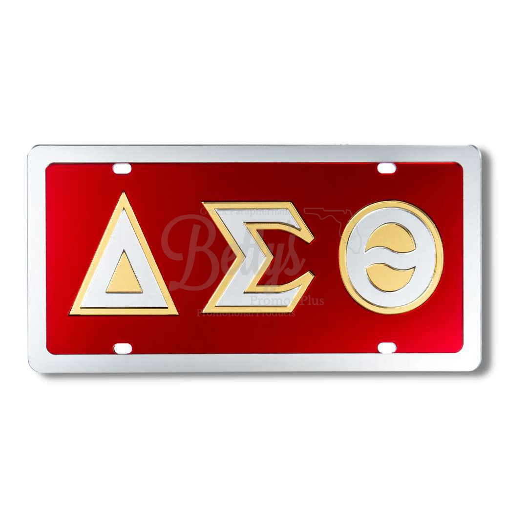 Delta Sigma Theta ΔΣΘ Greek Letters Acrylic Mirrored Laser Engraved Auto Tag License PlateRed Background-Gold Letter Trim-Silver Trim-Betty's Promos Plus Greek Paraphernalia