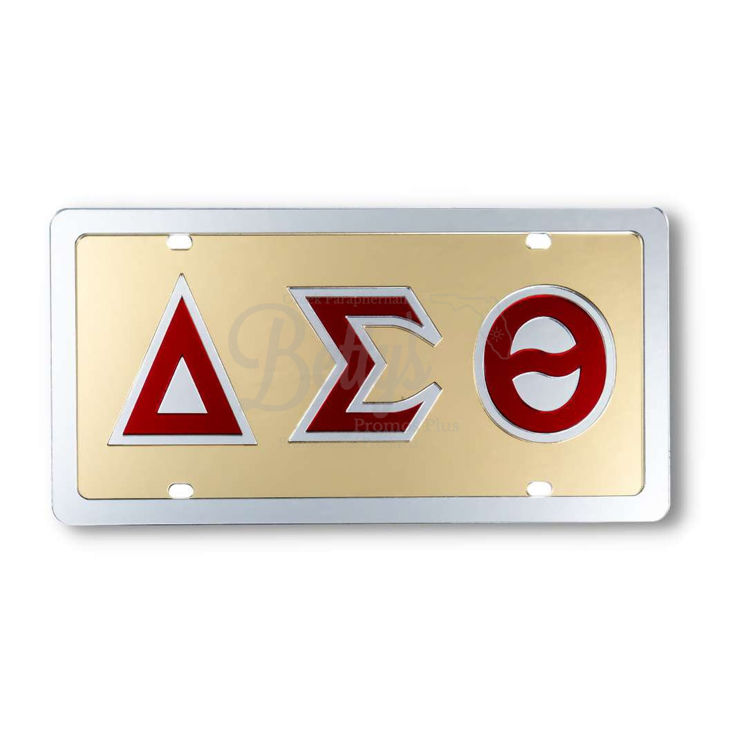 Delta Sigma Theta ΔΣΘ Greek Letters Acrylic Mirrored Laser Engraved Auto Tag License PlateGold Background-Silver Letter Trim-Silver Trim-Betty's Promos Plus Greek Paraphernalia