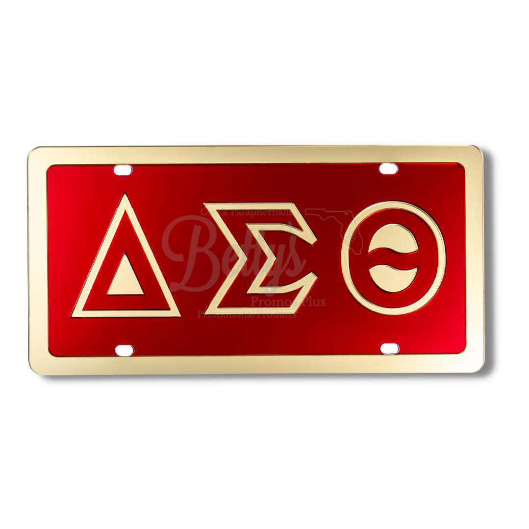 Delta Sigma Theta ΔΣΘ Greek Letters Acrylic Mirrored Laser Engraved Auto Tag License PlateRed Background-Gold Letter Trim-Gold Trim-Betty's Promos Plus Greek Paraphernalia