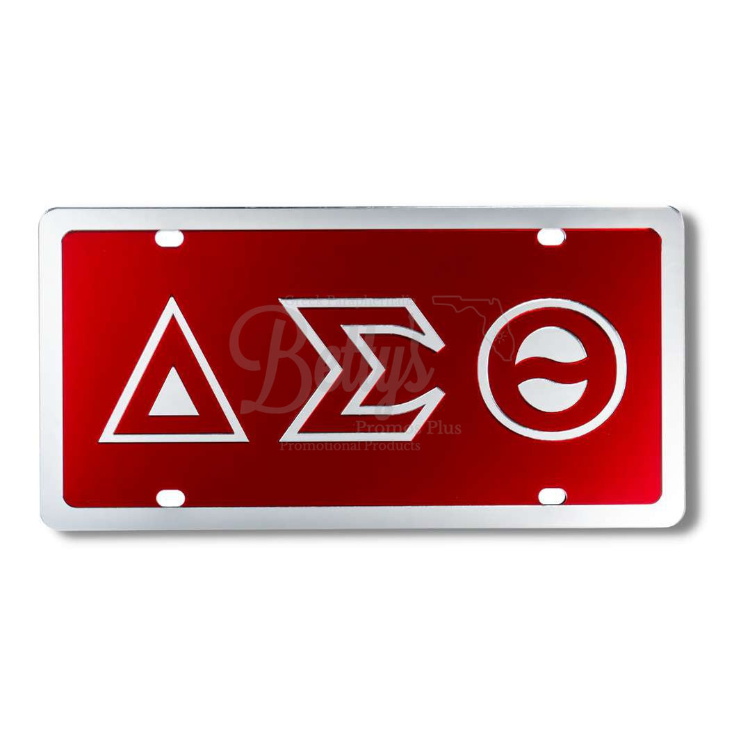 Delta Sigma Theta ΔΣΘ Greek Letters Acrylic Mirrored Laser Engraved Auto Tag License PlateRed Background-Silver Letter Trim-Silver Trim-Betty's Promos Plus Greek Paraphernalia
