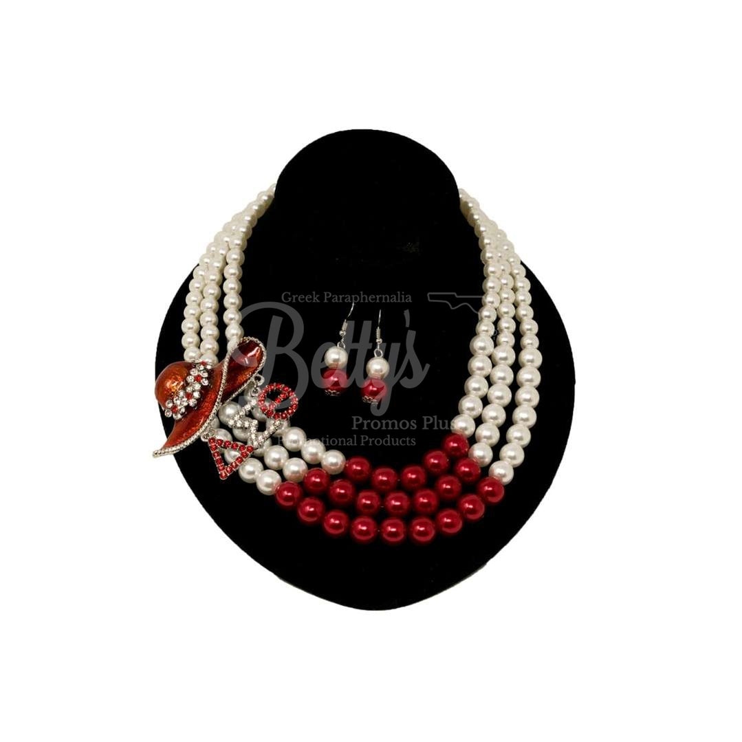 Delta Sigma Theta ΔΣΘ Red Hat with White & Red Multi String Pearl Necklace and Matching Earrings Set, Delta Necklace-Betty's Promos Plus Greek Paraphernalia