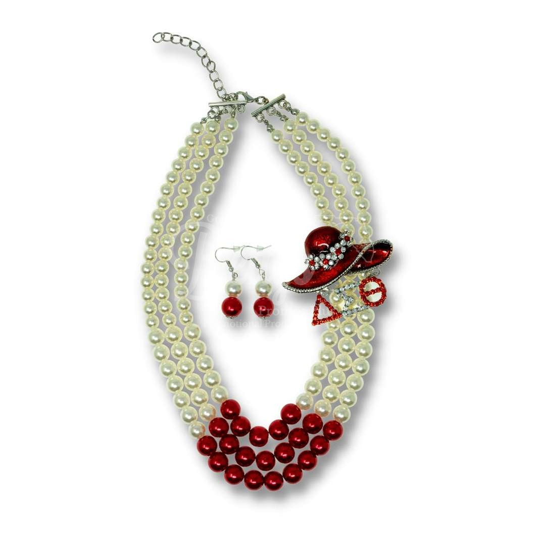 Delta Sigma Theta ΔΣΘ Red Hat with White & Red Multi String Pearl Necklace and Matching Earrings Set, Delta NecklaceNecklace Set-Betty's Promos Plus Greek Paraphernalia