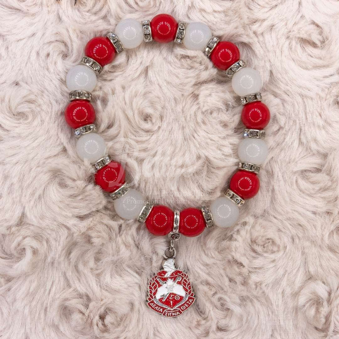 Delta Sigma Theta ΔΣΘ Red and White Beaded Bracelet with Shield CharmRed-Betty's Promos Plus Greek Paraphernalia
