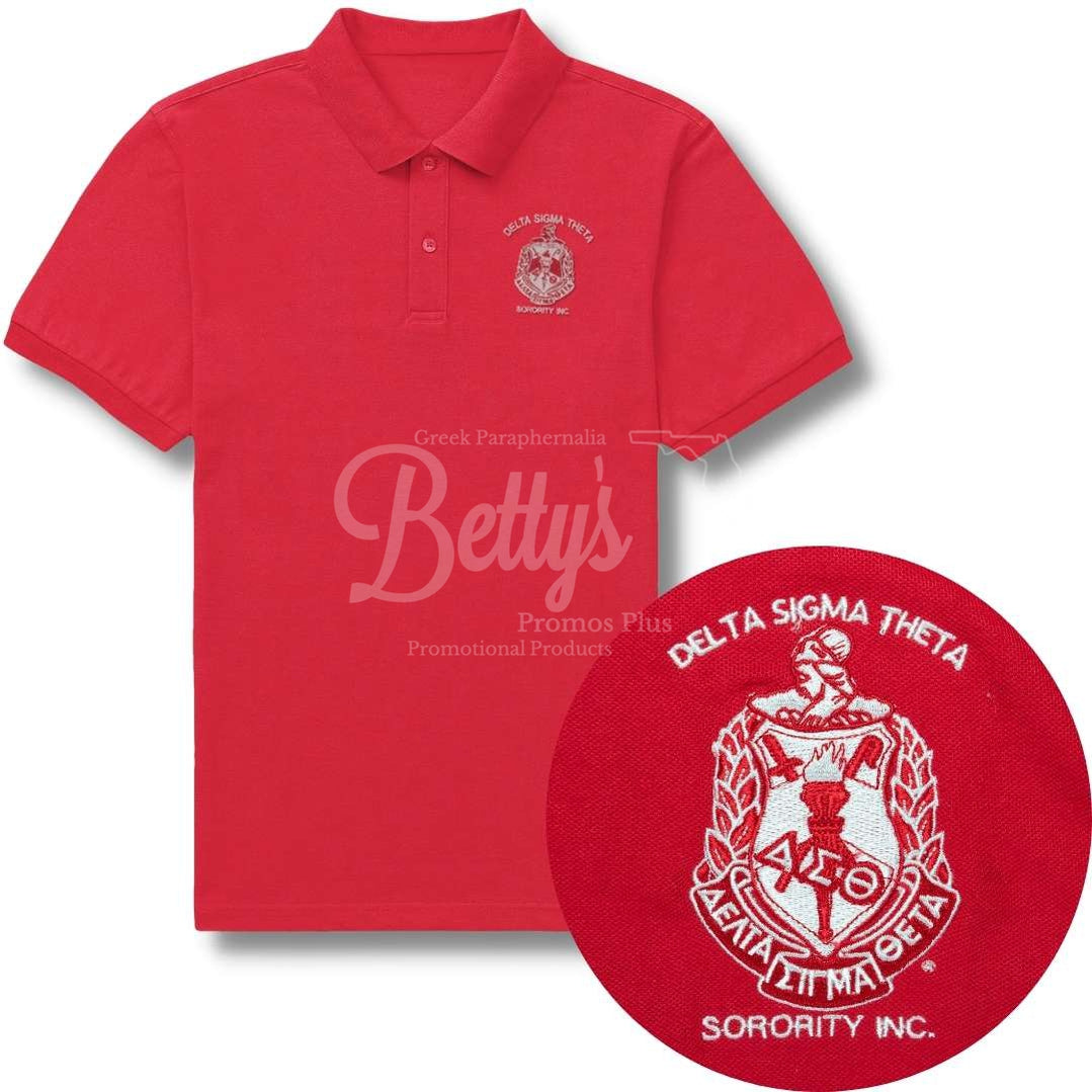 Delta Sigma Theta ΔΣΘ Shield Embroidered Piqué Polo ShirtRed-Small-Betty's Promos Plus Greek Paraphernalia