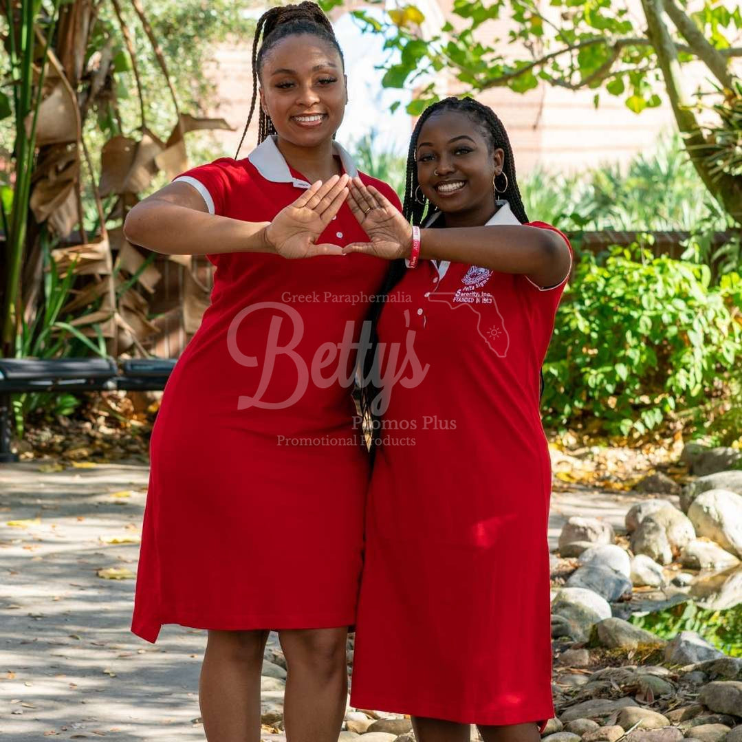 Delta Sigma Theta ΔΣΘ Shield Embroidered Polo Dress with Contrast Collar and Sleeves-Betty's Promos Plus Greek Paraphernalia