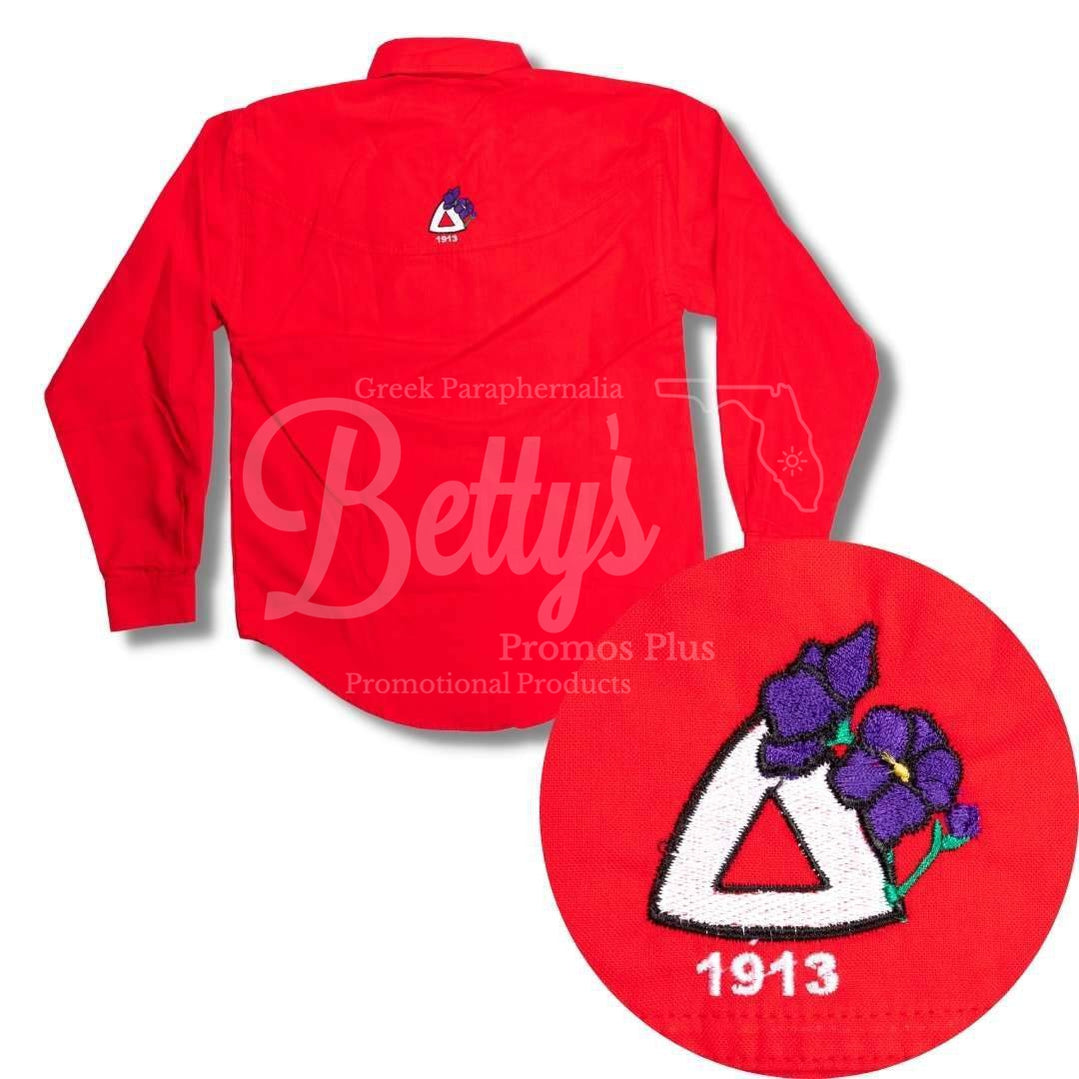 Delta Sigma Theta ΔΣΘ Violet Embroidered Windowpane Button-Up ShirtShort Sleeve-White-Small-Betty's Promos Plus Greek Paraphernalia