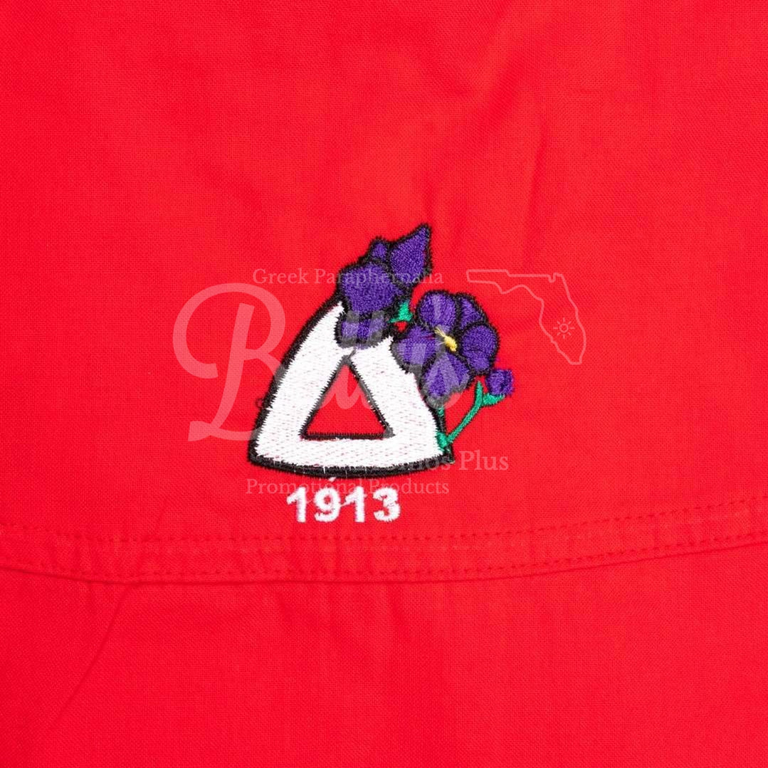 Delta Sigma Theta ΔΣΘ Violet Embroidered Windowpane Button-Up ShirtShort Sleeve-White-Small-Betty's Promos Plus Greek Paraphernalia