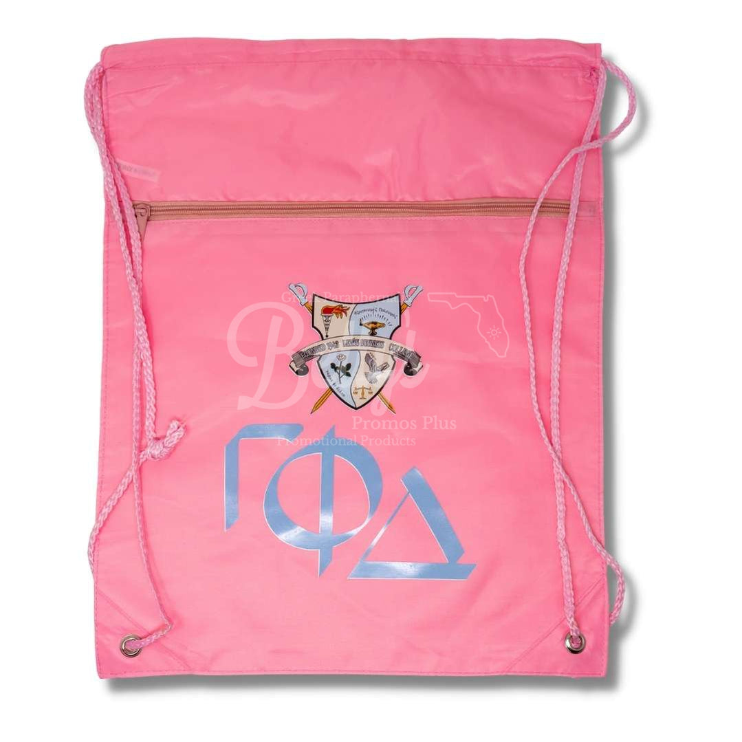 Gamma Phi Delta ΓΦΔ Greek Letters and Shield Drawstring Backpack BagPink-Betty's Promos Plus Greek Paraphernalia