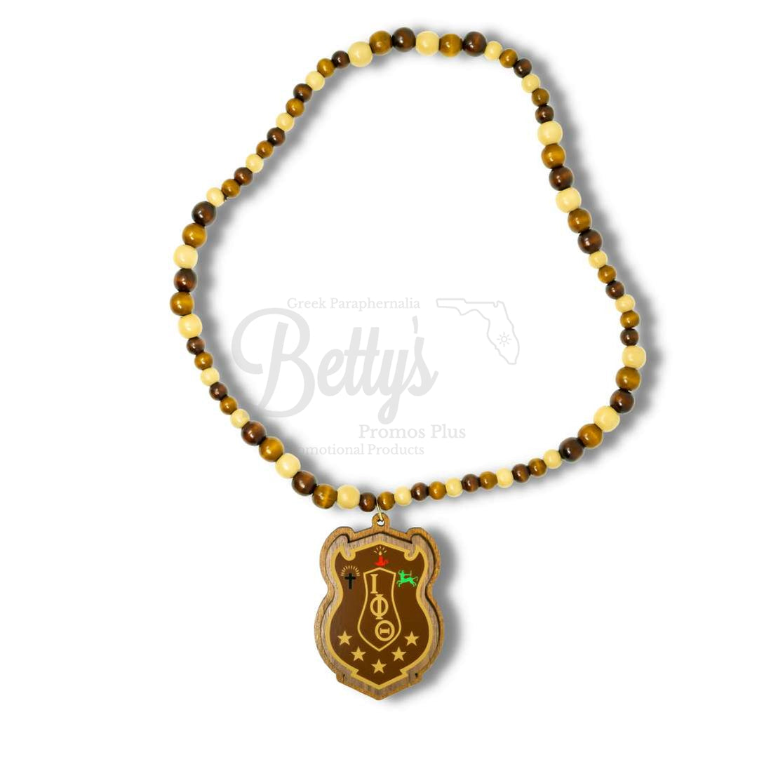 Iota Phi Theta ΙΦΘ Shield Wood Bead Raised Crest Tiki NecklaceBrown-Betty's Promos Plus Greek Paraphernalia