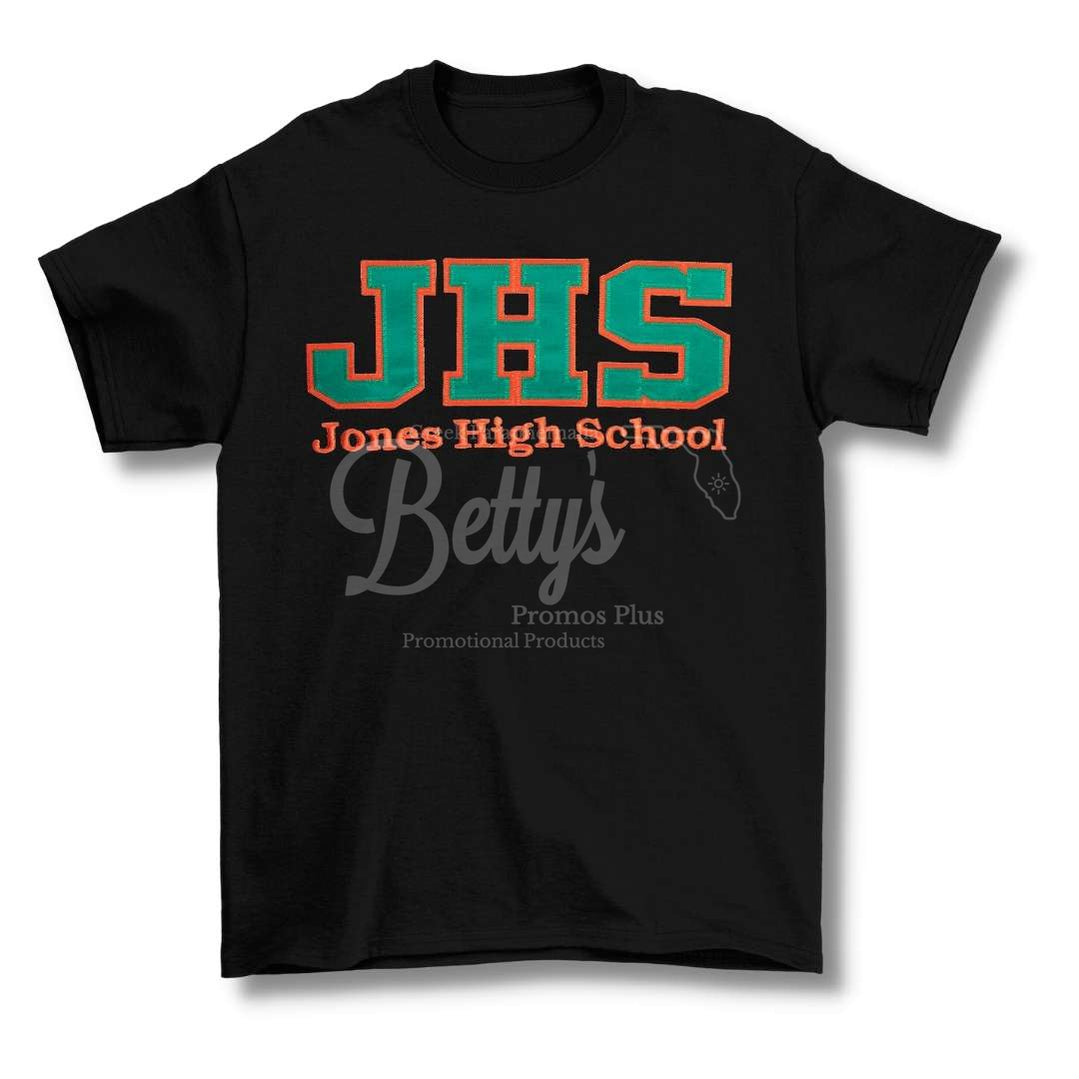 Jones High School Double Stitched Appliqué Embroidered T-ShirtShort Sleeve-Black-Small-Betty's Promos Plus Greek Paraphernalia